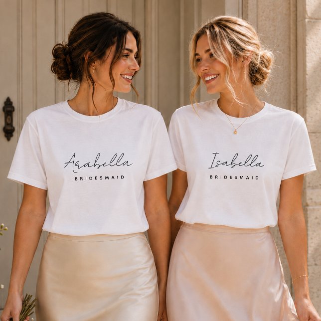 Bridesmaid T-Shirts | Custom Name Wedding Tee (Personalized bridesmaid T-shirts with custom names for wedding mornings and bridal party photos.)