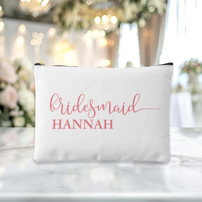 Bridesmaid - Team Bride! Gift Name  Accessory Pouch ("This Bridesmaid / Team Bride accessory and makeup bag showcases a sleek pink script font with elega)