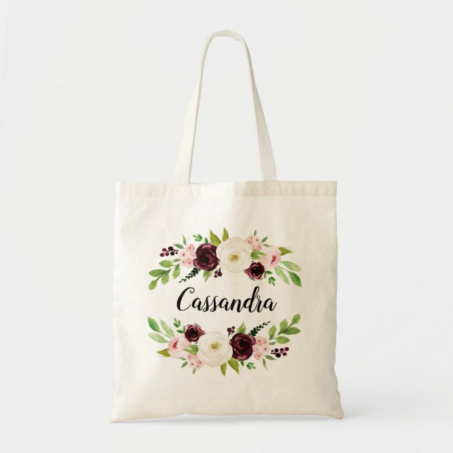 Bridesmaid Tote Bag Proposal Custom Maroon Flowers (Front)