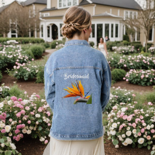 Bridesmaid Tropical Bird of Paradise Floral Denim Jacket