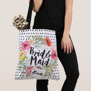 Bridesmaid Typography Watercolor Floral Wreath Tote Bag