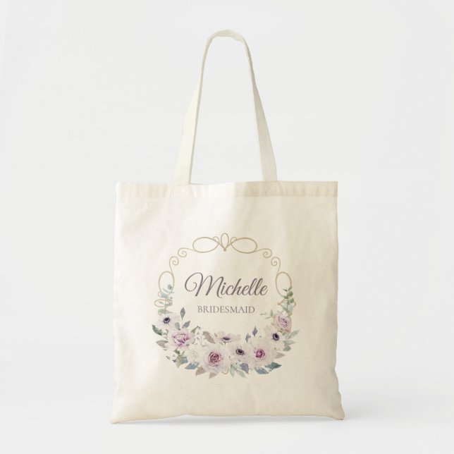BRIDESMAID Violet Rose Floral Wreath with NAME Tote Bag (Front)