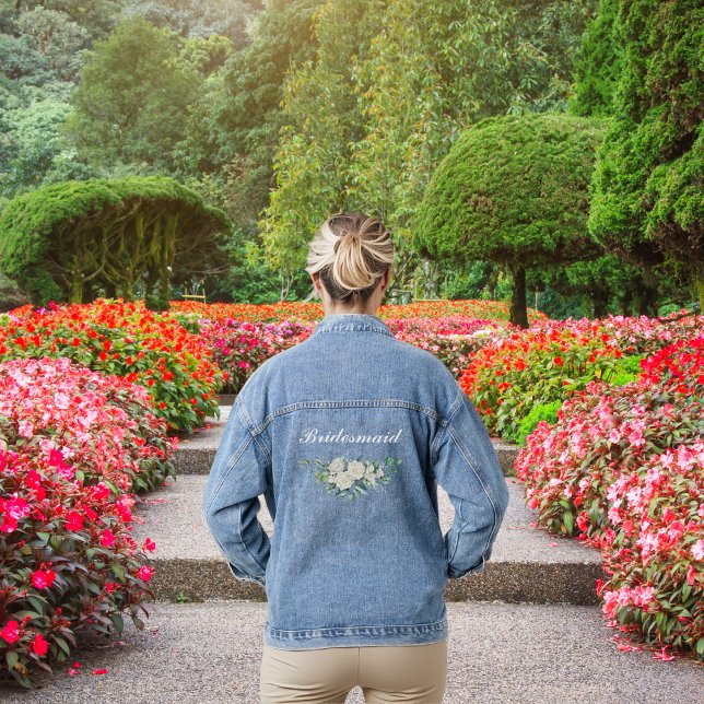 Bridesmaid Watercolor Floral White Roses Denim Jacket (Creator Uploaded)