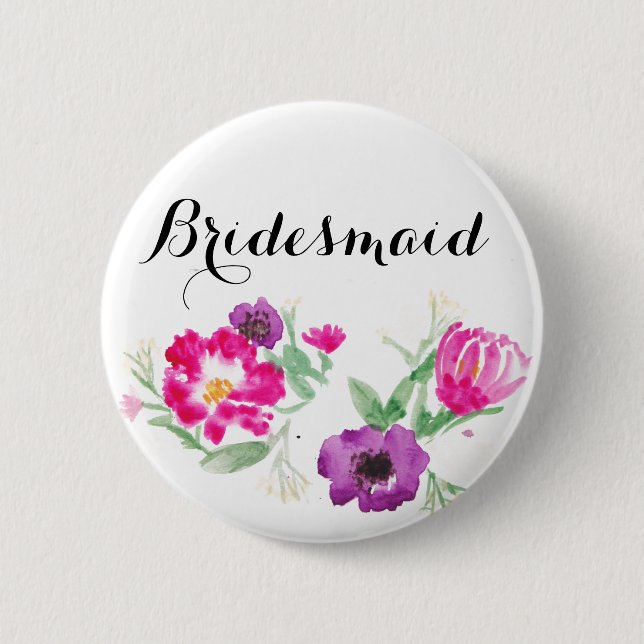 Bridesmaid Watercolor Flowers Button (Front)