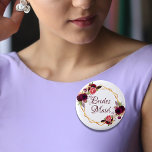 Bridesmaid watercolored florals burgundy gold 2 inch round button<br><div class="desc">A trendy Bohemian boho style button for a bridal shower. Decorated with watercolored roses in burgundy and pink. Elegant white background. A faux gold geometric frame. With the text: BridesMaid written with a hand lettered style script. Burgundy coloured letters. Great as a keepsake for the Bridesmaid, as a favour, or...</div>