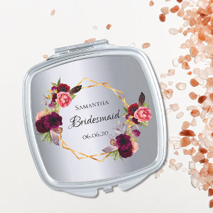 Bridesmaid watercolored florals burgundy silver compact mirror