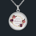 Bridesmaid watercolored florals burgundy sterling silver necklace<br><div class="desc">A trendy bohemian boho style gift for the Bridesmaid. Decorated with watercolored roses in burgundy and pink.  Elegant white background. A faux gold geometric frame. With the text: Bridesmaid written with a hand lettered style script.  Template for the Bridesmaid name name and a date. Burgundy coloured letters.</div>