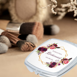 Bridesmaid watercolored florals burgundy white compact mirror