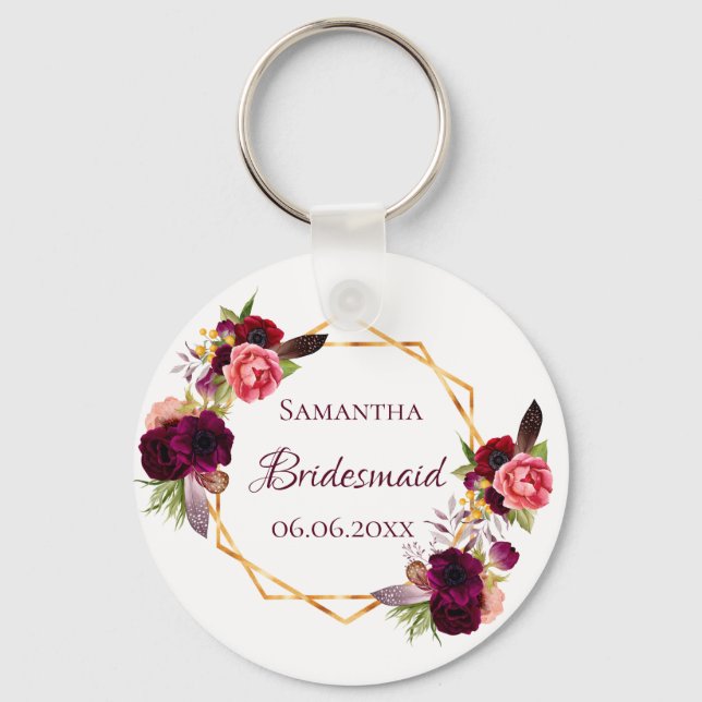 Bridesmaid watercolored florals burgundy white keychain (Front)