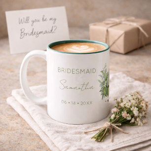 Bridesmaid Wedding Eucalyptus Green Name and Date Two-Tone Coffee Mug