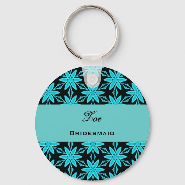 Bridesmaid Wedding Favour Aqua Flowers V0447 Keychain (Front)