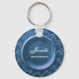 Bridesmaid Wedding Favour Blue Curlicue Frame B035 Keychain