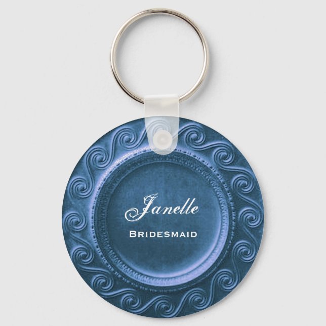 Bridesmaid Wedding Favour Blue Curlicue Frame B035 Keychain (Front)