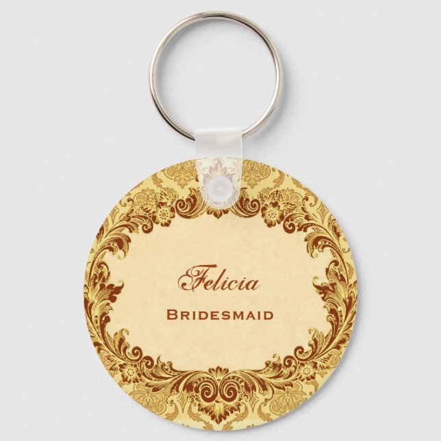 Bridesmaid Wedding Favour Gold Vintage Damask G305 Keychain (Front)