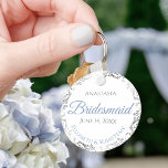 Bridesmaid Wedding Gift Light Blue & Grey Lacy Keychain<br><div class="desc">These keychains are designed to give as favours to bridesmaids in your wedding party. Designed to coordinate with our Blue & Grey Elegant Wedding Suite, they feature a simple yet elegant design with a white background, light blue & Grey text, and a silver faux foil floral border. Perfect way to...</div>