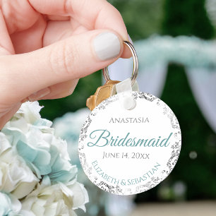 Bridesmaid Wedding Gift Teal & Gray Lacy Keychain