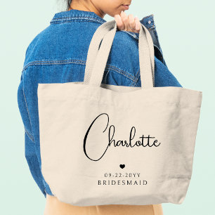 Bridesmaid Wedding Simple Modern Script Name Large Tote Bag