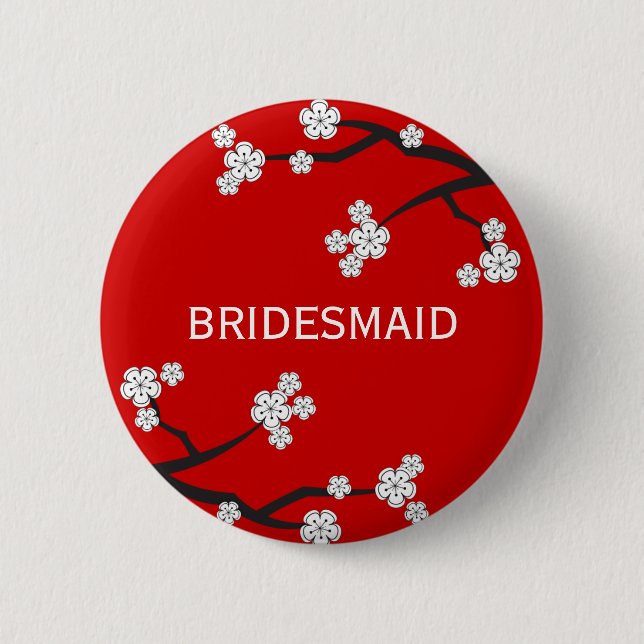 BRIDESMAID White Cherry Blossoms Wedding Button (Front)