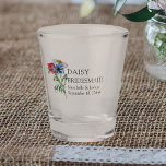 Bridesmaid Wildflower Bouquet Floral Wedding Sh Shot Glass<br><div class="desc">Personalized shot glass for you to customize with your Bridesmaid's name, the bride and groom's names and the wedding date. This rustic country botanical design has a pretty bouquet of wildflowers including daisy poppy and cornflower. An elegant modern floral with bohemian garden theme. Please browse my store in the Wildflower...</div>