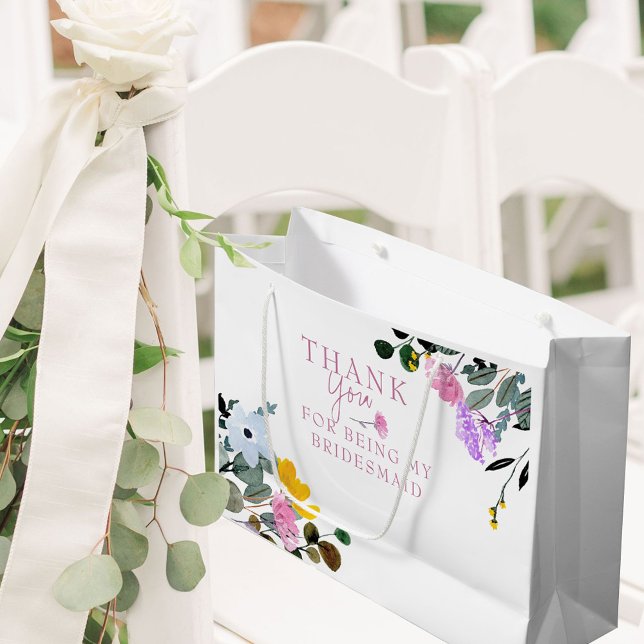 Bridesmaid Wildflower Lawn White Thank You Large Gift Bag (Bridesmaid Wedding Gift Bag with pretty wildflowers from my Wildflower Lawn collection)