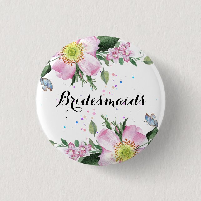 BridesMaids Colourful Flowers White Background 1 Inch Round Button (Front)