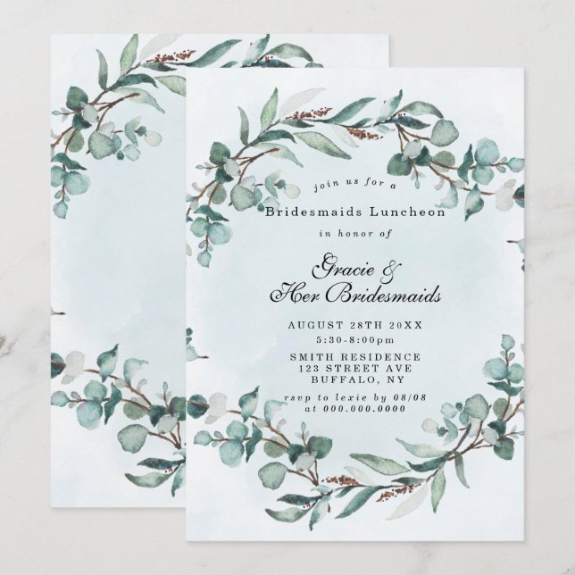 Bridesmaids Dusty Blue Greenery Invitations de déj (Devant / Derrière)