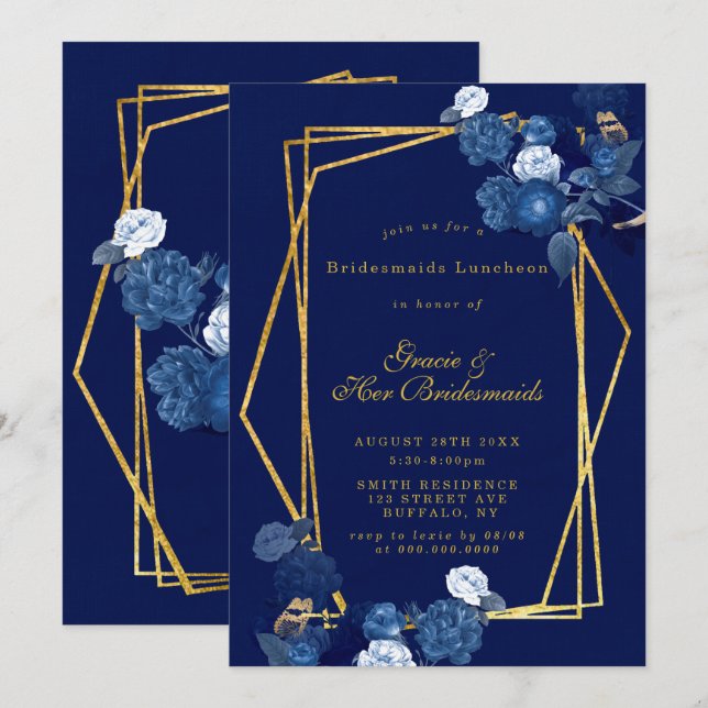 Bridesmaids Floral Bleu & Or Invitations de déjeun (Devant / Derrière)