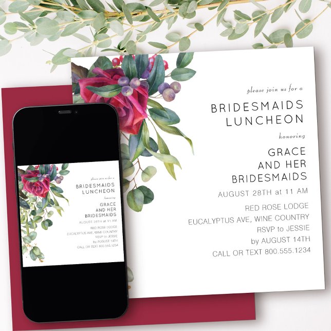 Bridesmaids Luncheon Red Rose and Eucalyptus Invitation (Bridesmaids Luncheon invitation from my Red Rose and Eucalyptus collection)