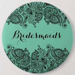 BridesMaids Mint Green & Black Paisley Lace 6 Inch Round Button
