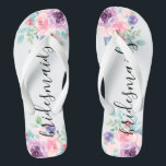 Bridesmaids Typography Colourful Flowers Bouquet Flip Flops<br><div class="desc">Elegant modern bridesmaids typography with colourful watercolors flowers bouquet.</div>