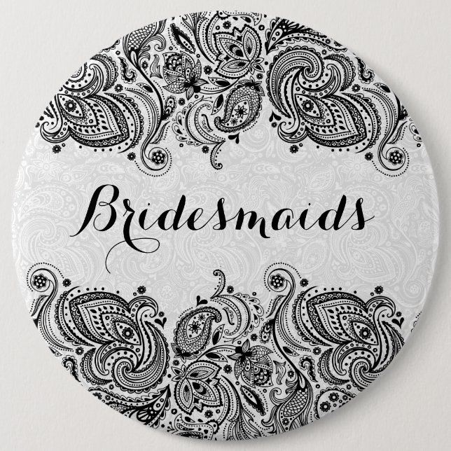 BridesMaids White & Black Paisley Lace 6 Inch Round Button (Front)