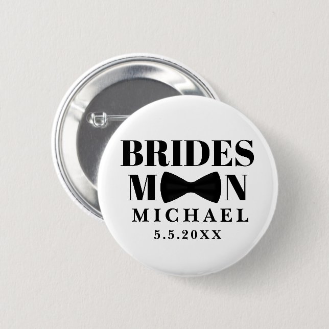 bridesman black tie bow wedding personalized white 2 inch round button (Front & Back)