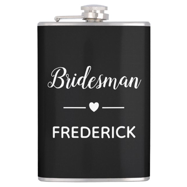 Bridesman White On Black Personalized Wedding Hip Flask (Front)