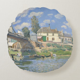 Bridge at Villeneu by Sisley Impressionist Paint Round Pillow