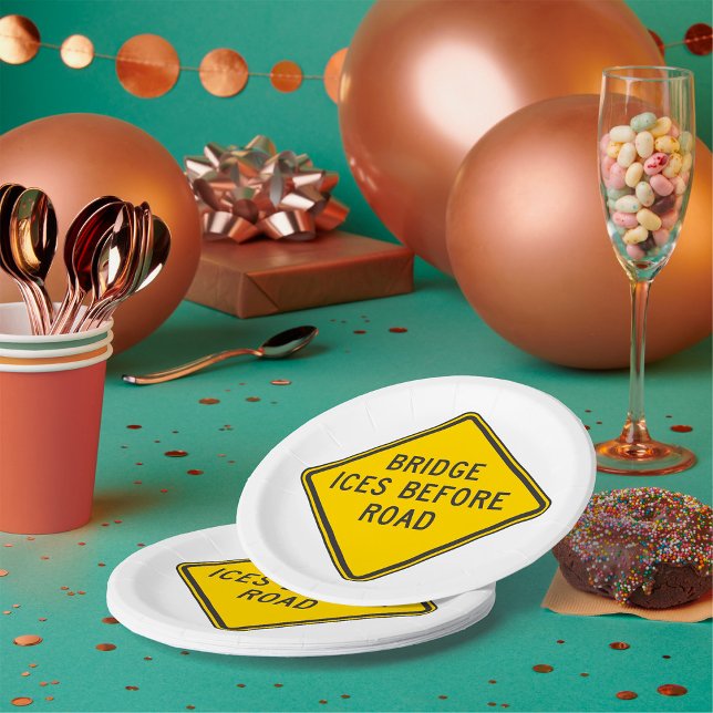 Bridge Ices Before Road Sign Winter Safety  Paper Plate (Creator Uploaded)