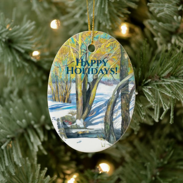 Bridge in the winter Watercolor painting Ceramic Ornament (Tree)
