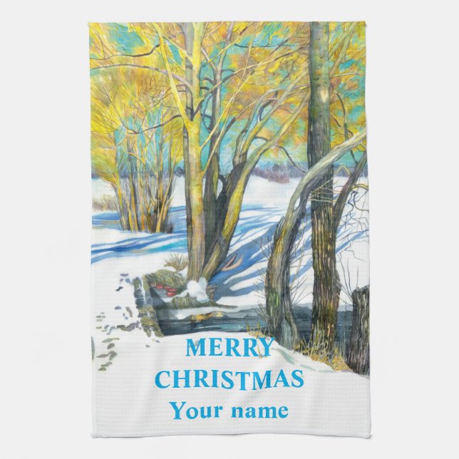 Bridge in the winter  Watercolor painting   Kitchen Towel (Vertical)