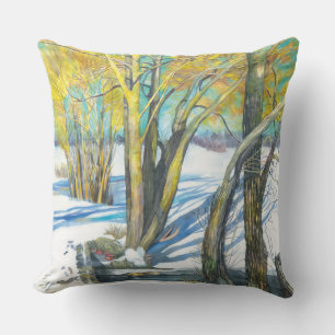Bridge in the winter Watercolor painting Outdoor Pillow
