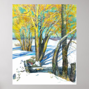 Bridge in the winter Watercolor painting Poster
