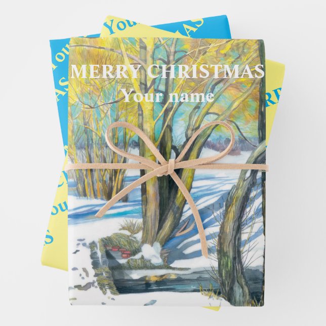 Bridge in the winter  Watercolor painting   Wrapping Paper Sheet (In situ)