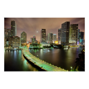 Bridge leads across waterway to downtown Miami Poster