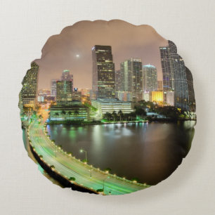 Bridge leads across waterway to downtown Miami Round Pillow