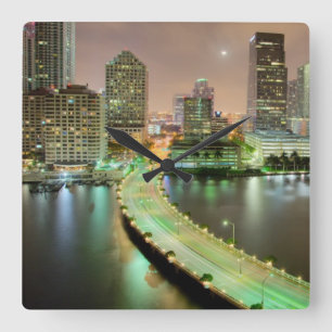 Bridge leads across waterway to downtown Miami Square Wall Clock