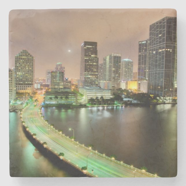 Bridge leads across waterway to downtown Miami Stone Coaster (Front)