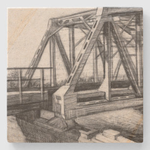 Bridge old pencilart  Monochrome Black & White Stone Coaster