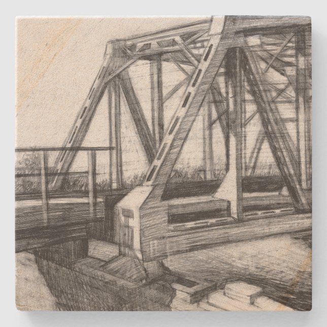 Bridge old pencilart  Monochrome Black & White Stone Coaster (Front)