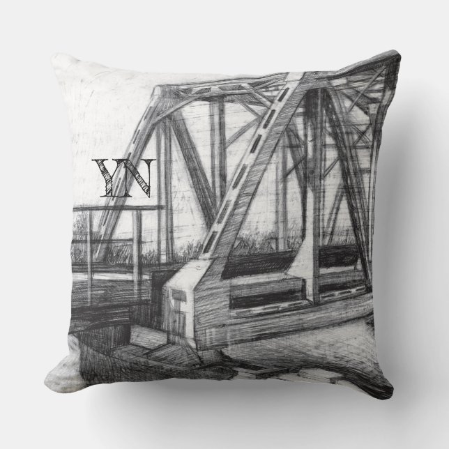 Bridge old pencilart  Monochrome Black & White Throw Pillow (Front)