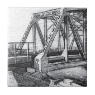 Bridge old pencilart  Monochrome Black & White Tile