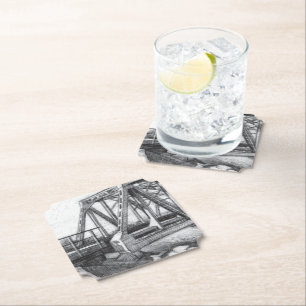 Bridge old pencilart  Monochrome Paper Coaster