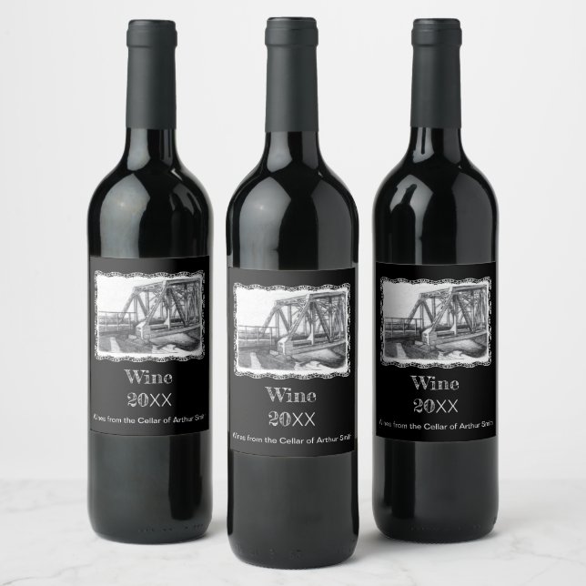 Bridge old pencilart Monochrome Wine Label (Bottles)